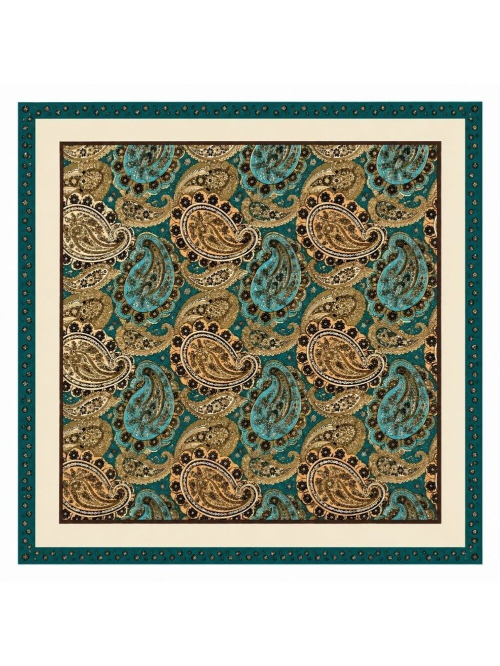 Paisley Satin Square Scarf 35x35 Teal Cream Gold Head Scarf Hair Scarf Neck Scar